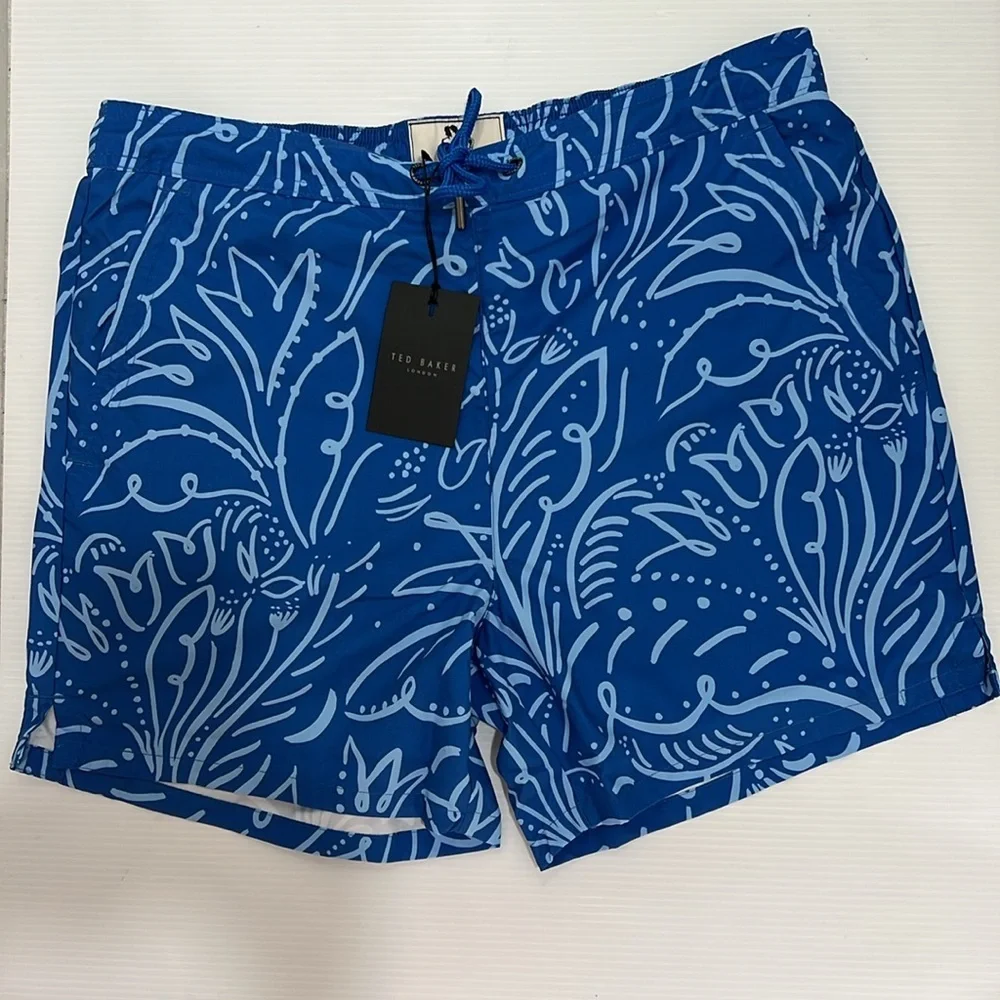 NWT Ted Baker London Ryburn Paisley Printed Swim Shorts Mid Blue Recycled Polyes